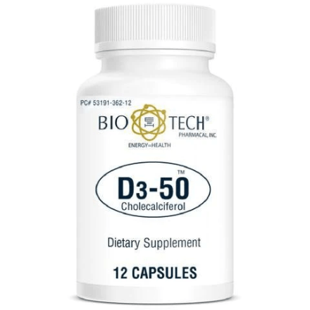 Bottle of "D3-50 Cholecalciferol" dietary supplements in 12 capsules by Bio-Tech Pharmacal, Inc.