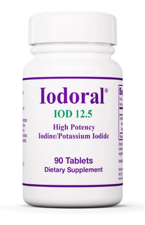 Bottle containing 90 tablets of Iodoral, a dietary supplement of iodine and potassium iodide.